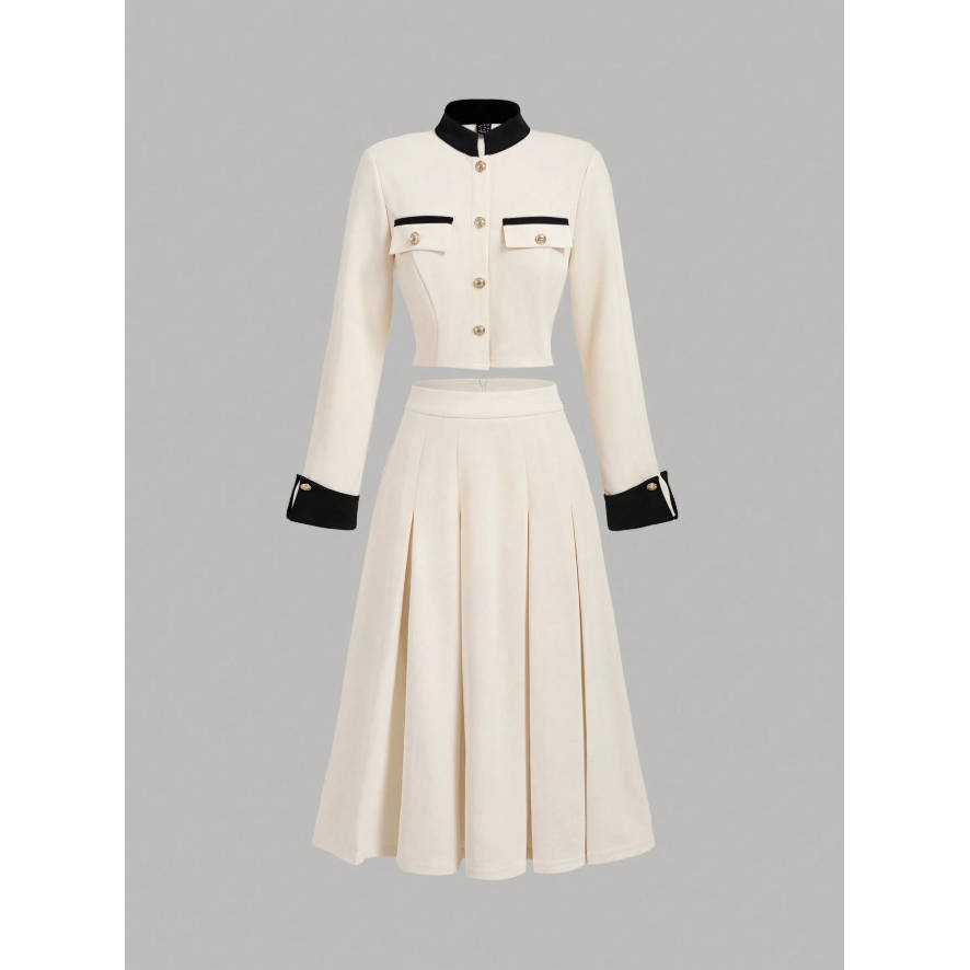 Vintage Contrast Collar Blouse & Cuffs Pleated Maxi  Skirt Suit Set