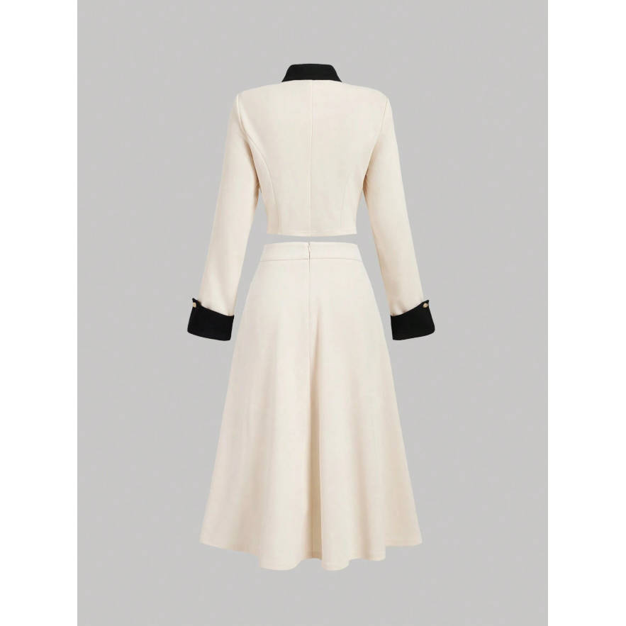 Vintage Contrast Collar Blouse & Cuffs Pleated Maxi  Skirt Suit Set