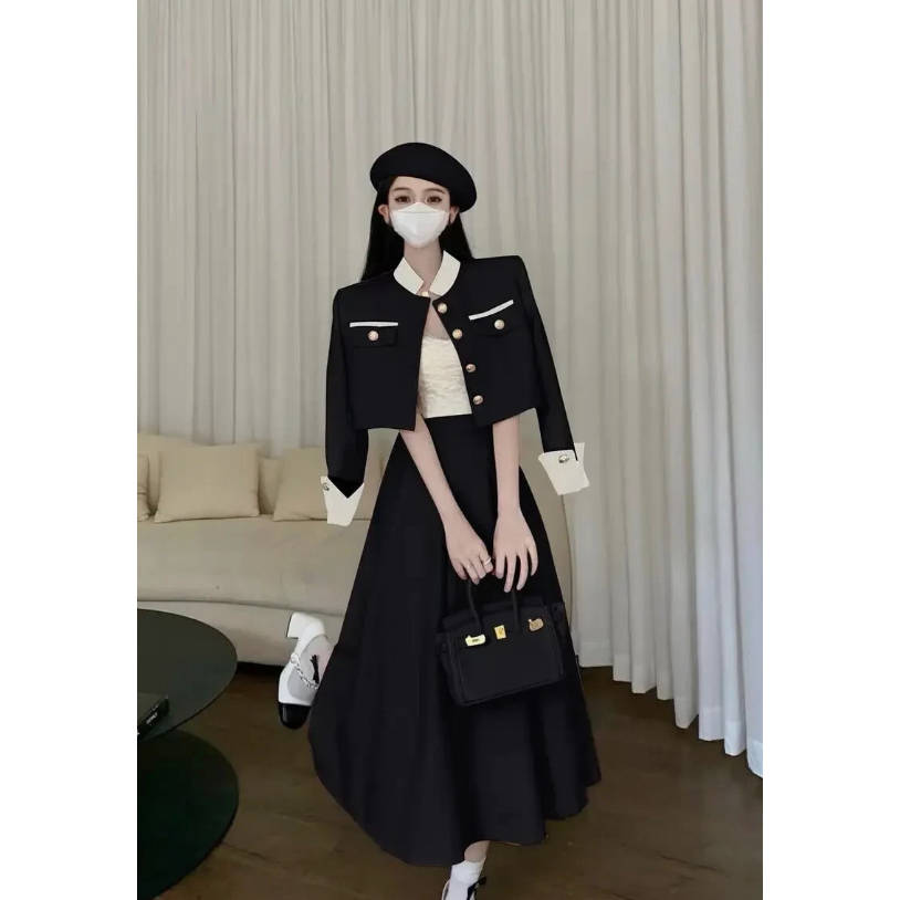 Vintage Contrast Collar Blouse & Cuffs Pleated Maxi  Skirt Suit Set