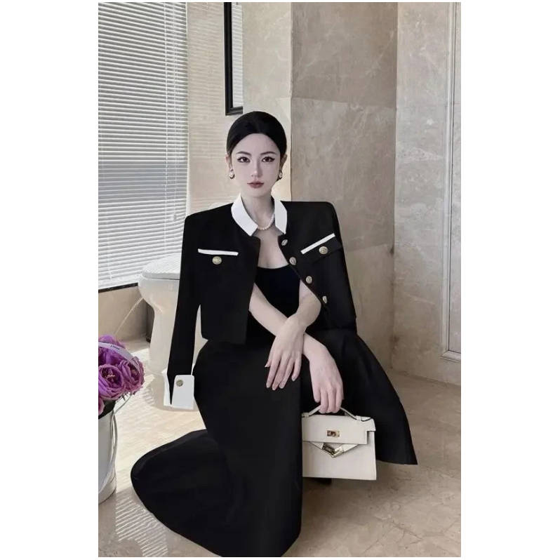 Vintage Contrast Collar Blouse & Cuffs Pleated Maxi  Skirt Suit Set