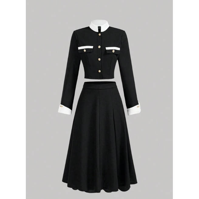 Vintage Contrast Collar Blouse & Cuffs Pleated Maxi  Skirt Suit Set
