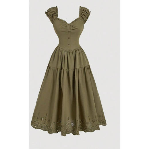Vintage Chest Back Solid Color Lace Summer Dress