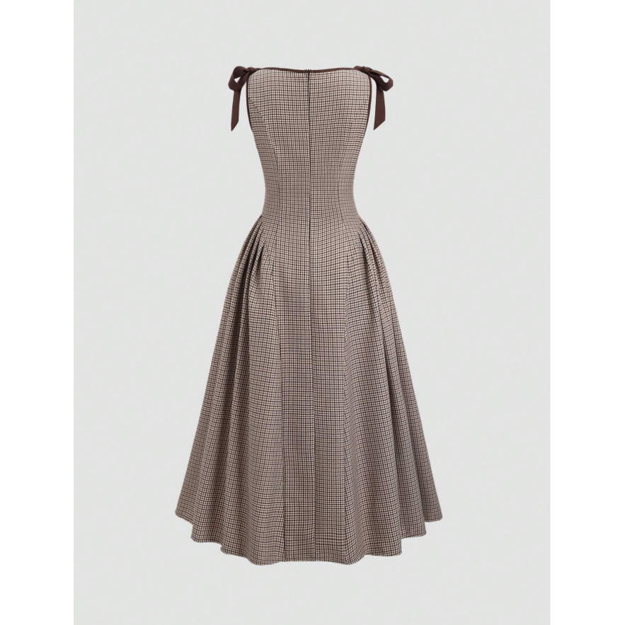 Retro Houndstooth Contrast Tie Bowknot Waist Slim Fit Suspender Skater Dress