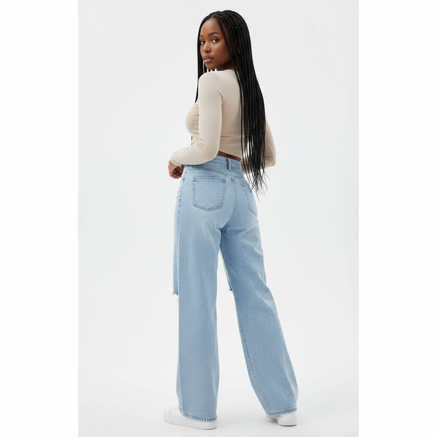 Wide Leg High Waist Distress Jeans