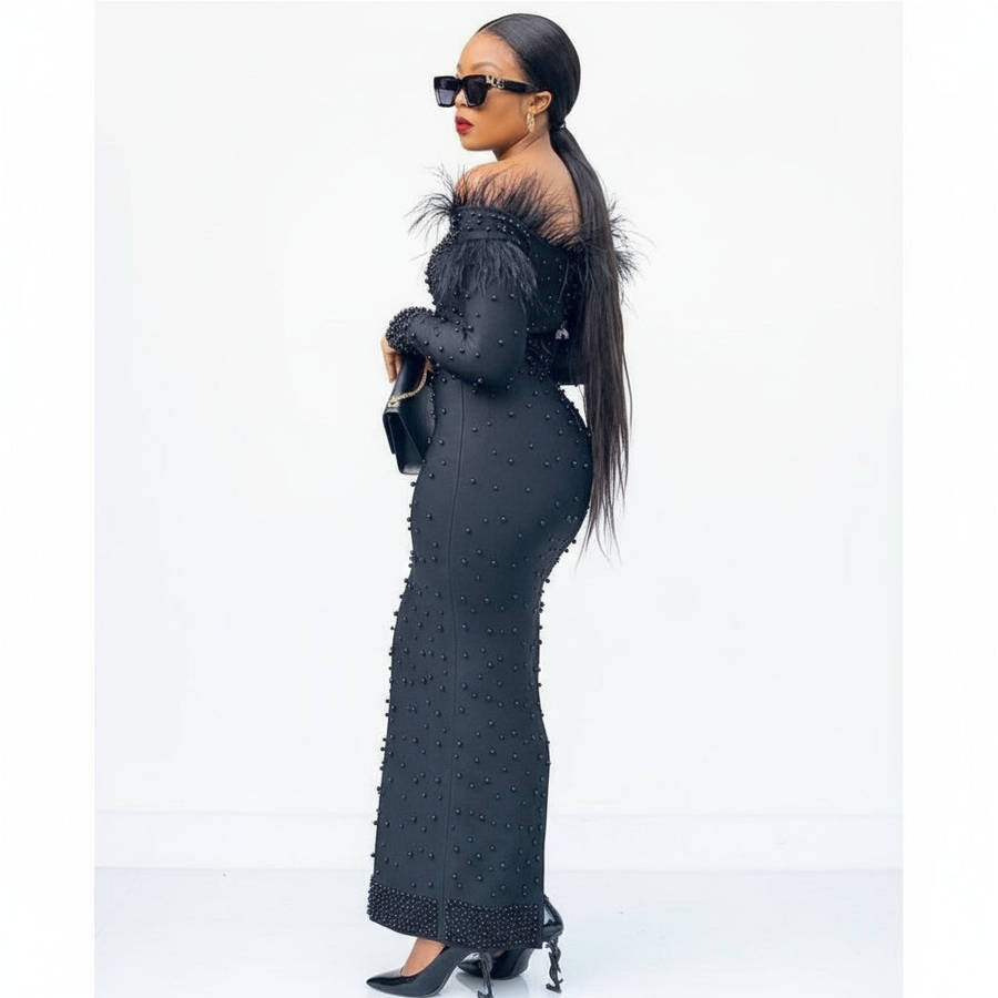 Feather Off Shoulder Beaded Detailed Dress