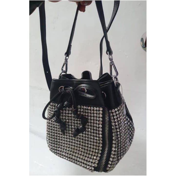 Bucket Luxury Crystal Top Handle Faux Leather Crossbody Shoulder Bag.