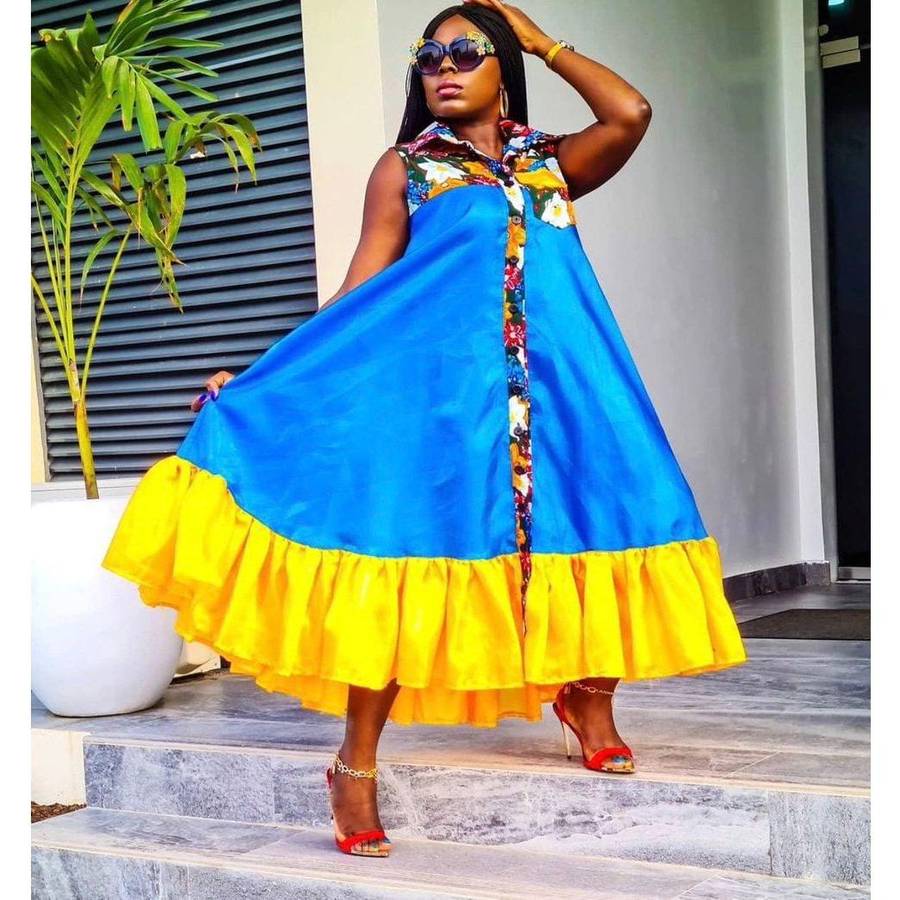 African Sleeveless Printing Polyester Long Dress.