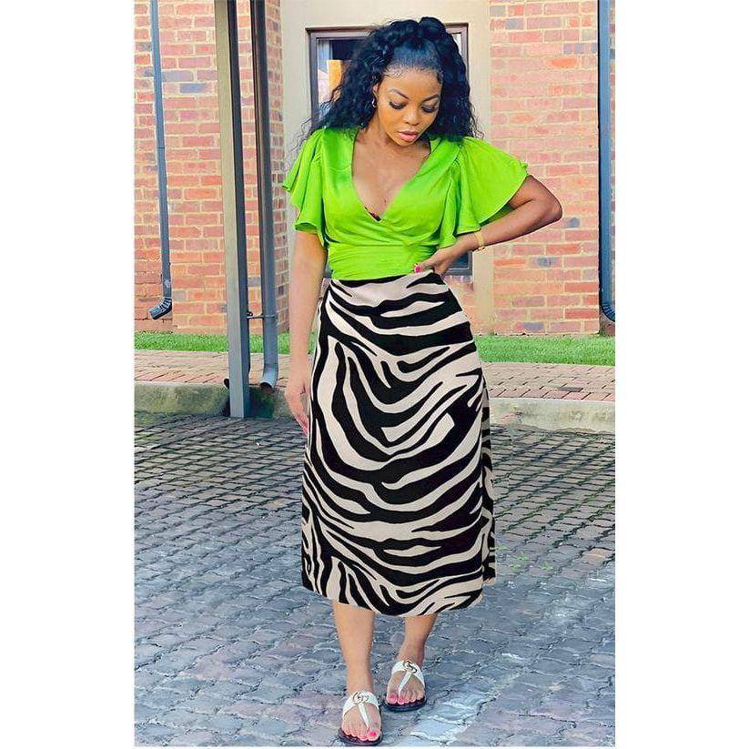 Zebra Printed Mesh Tie Waist Split Hem Midi Skirt.