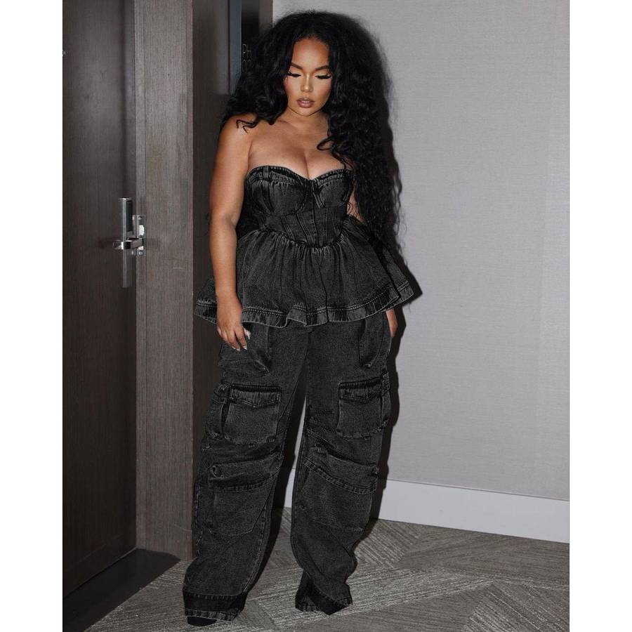 Denim Cargo Pants with Off-Shoulder Ruffle Top