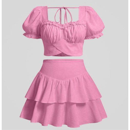 Sweetheart Neck Puff Sleeve Crop Top & Ruched Ruffle Hem Skirt Set