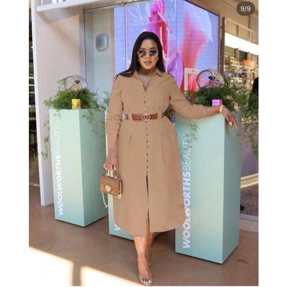 Turn Down Collar V Neck Button Elegant Shirt Dress.