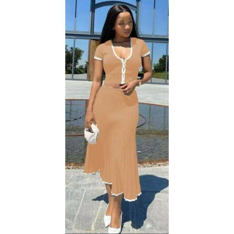 Short Sleeve V Neck Cropped Tops Midi Skirt Knitted Two Piece Set