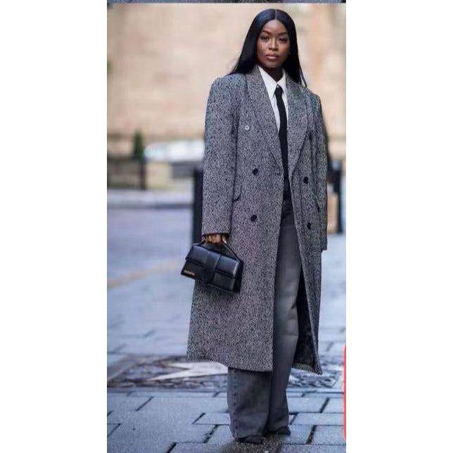 Double Breasted Wool Blend Midi Herringbone Coat