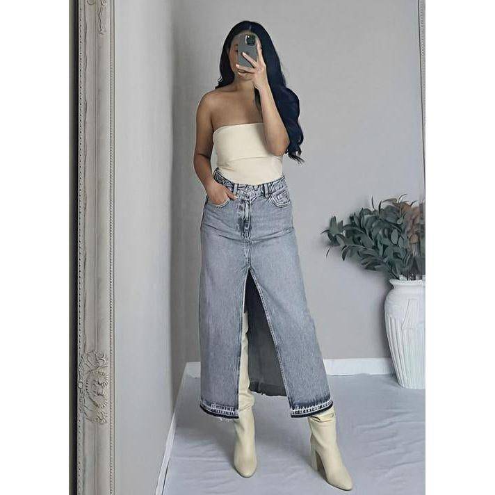 Denim Midi Slit Cut Skirt