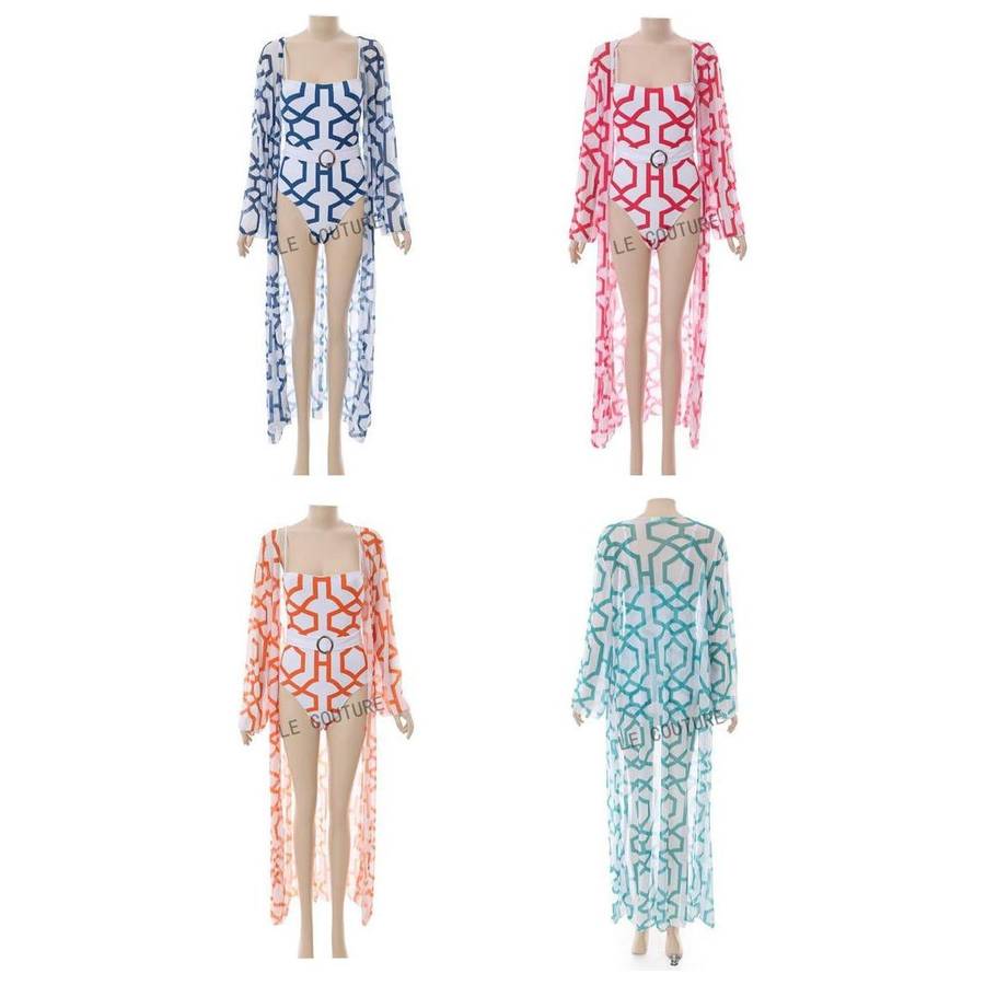 Stylish Print Bathing Suit Set Belt Blue Beach Cover Up