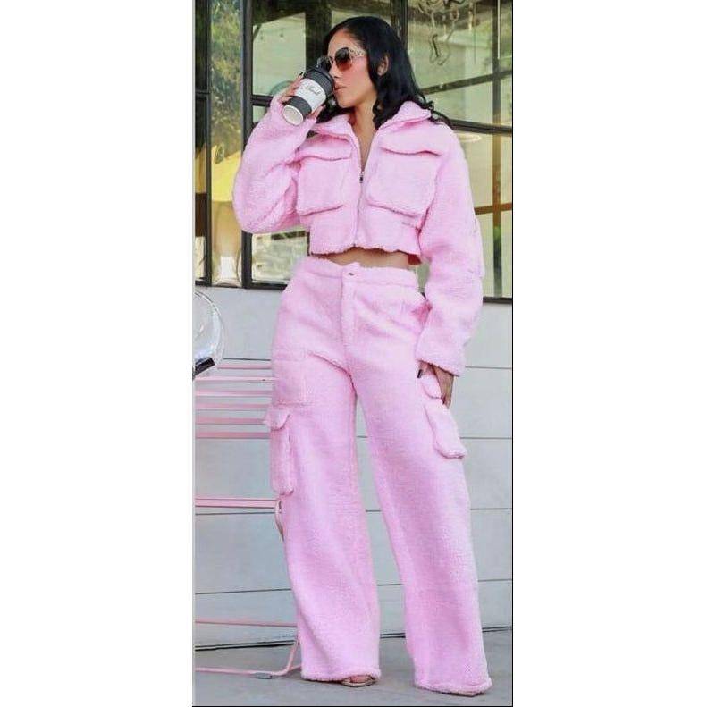 Tracksuits Solid Jacket With Cargo Pants Two Piece Set