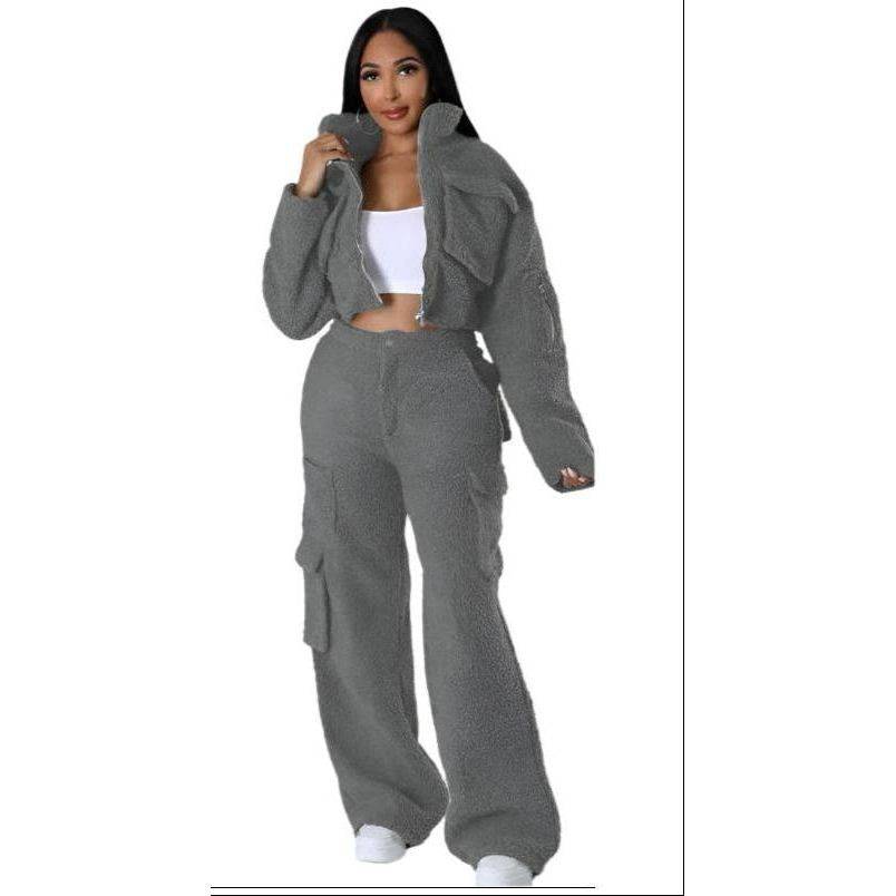 Tracksuits Solid Jacket With Cargo Pants Two Piece Set