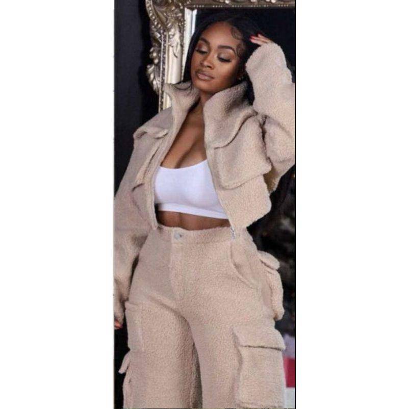 Tracksuits Solid Jacket With Cargo Pants Two Piece Set
