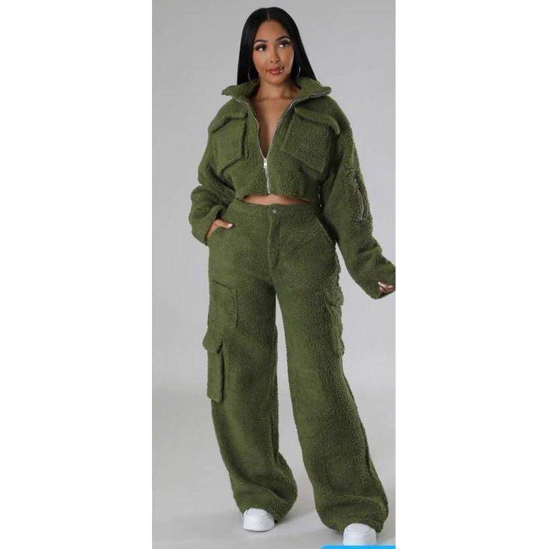 Tracksuits Solid Jacket With Cargo Pants Two Piece Set