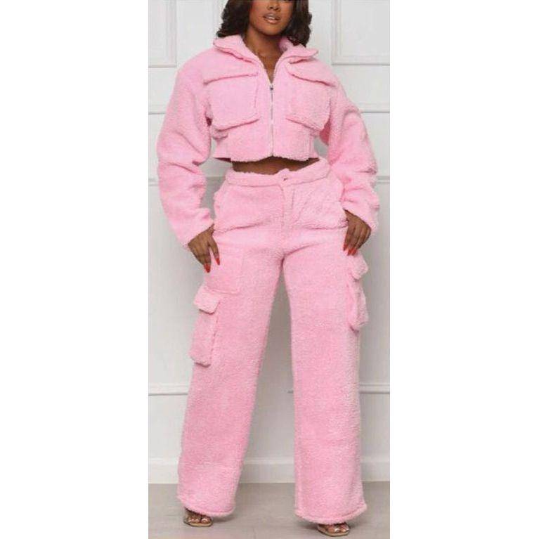 Tracksuits Solid Jacket With Cargo Pants Two Piece Set