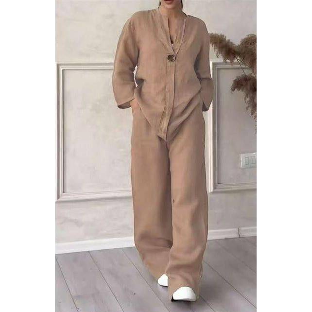 2 Piece Outfits Long Sleeve Shirt Top & Wide Leg Pants