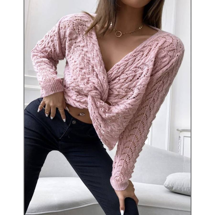 Pointelle Knit Twist Front Crop Sweater