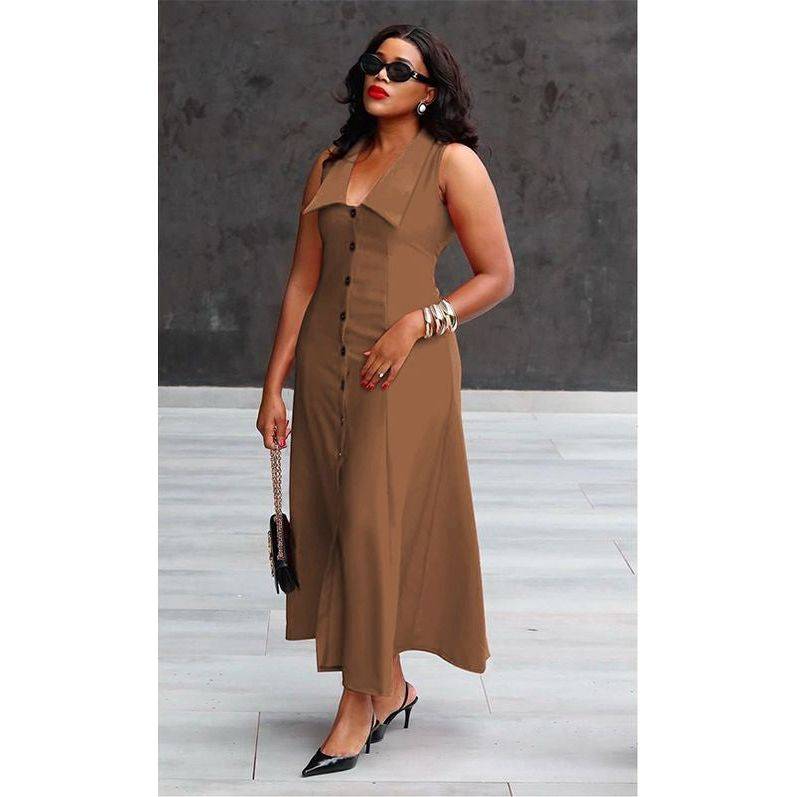 Solid Button Front Sleeveless Shirt Dress