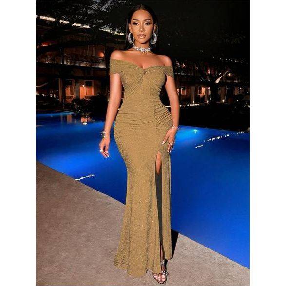 Plain Color Off Shoulder Twist Ruched Slit To Thigh Elegant Dress