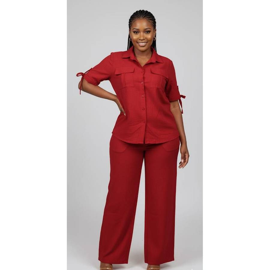 Plus Size Button-Front Shirt And Straight Stretchy Pants Sets