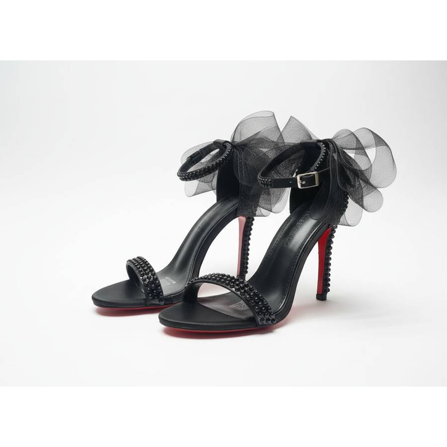 Embellished Ankle Strap Pearl Mesh Bow Heels