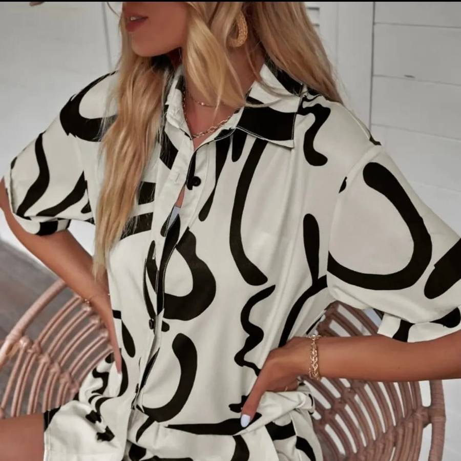 Graphic Print Button Front Shirt & Shorts Set