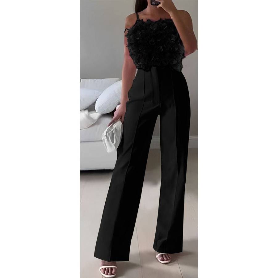 Sleeveless Feather Top and High Waisted Pant Set