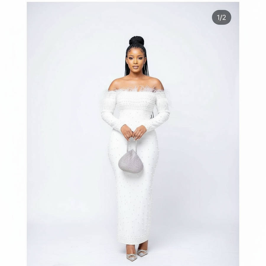 Feather Off Shoulder Beaded Detailed Dress