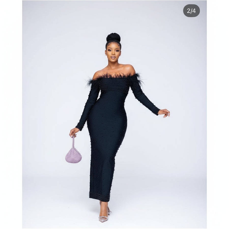 Feather Off Shoulder Beaded Detailed Dress