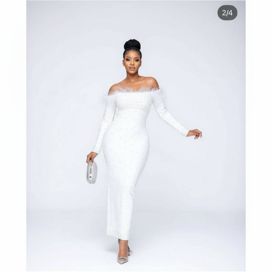 Feather Off Shoulder Beaded Detailed Dress