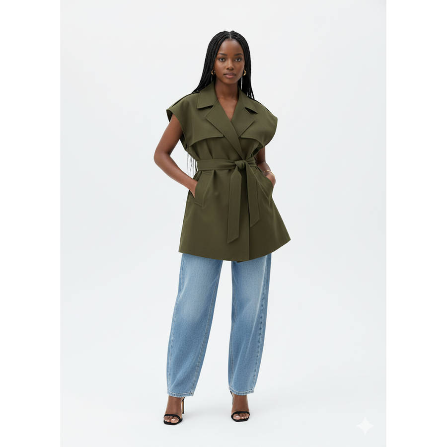 Plus Size Women's Casual Fashionable V-Neck Multi Pocket Waist Elastic Waistband Style Vest Coat