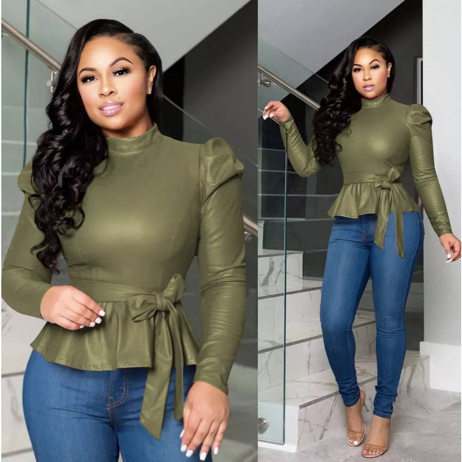 PU Leather Long Sleeve Ruffle Tops - GREEN / L