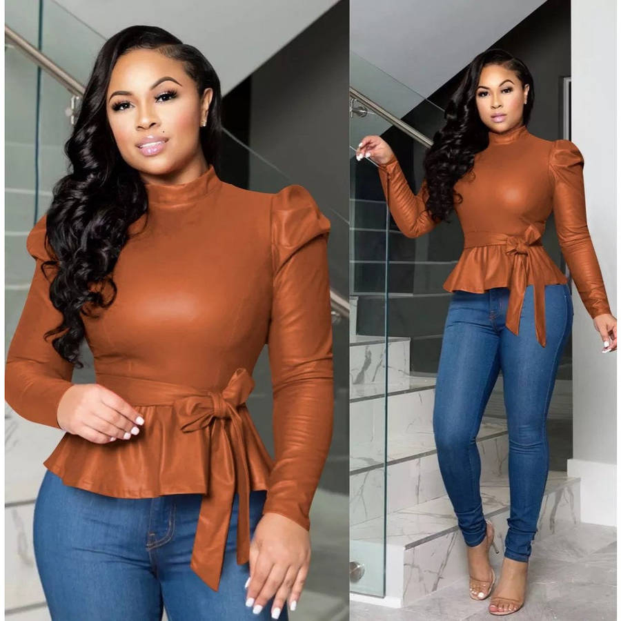 PU Leather Long Sleeve Ruffle Tops - BROWN / L