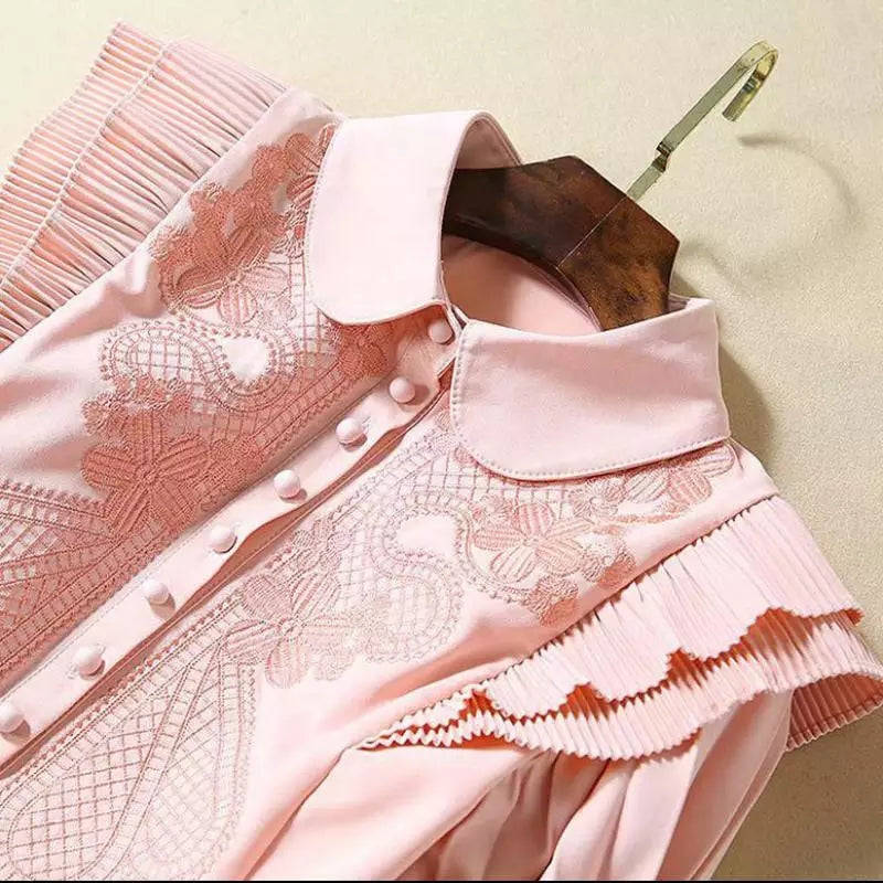 Emboidery Pleated Vintage Dress - L