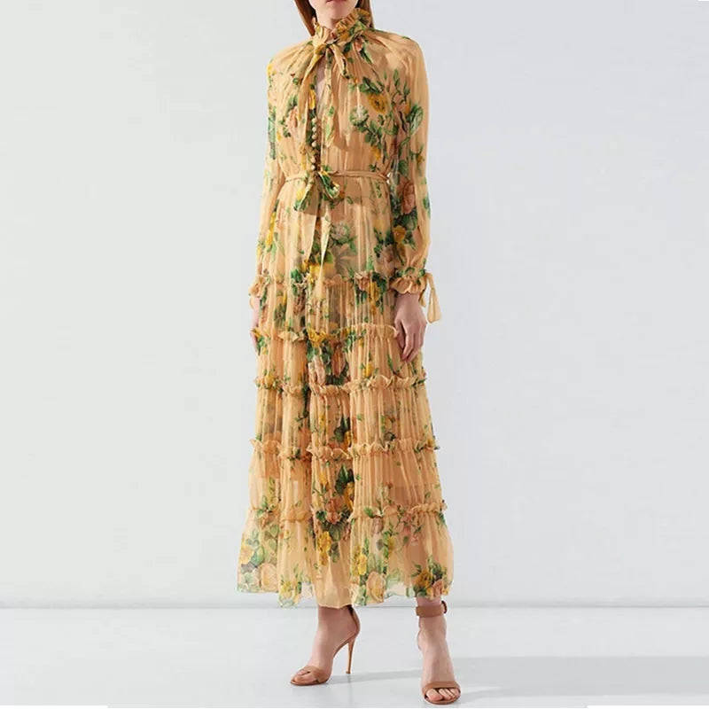 V-Neck Chiffon Floral Dress - L