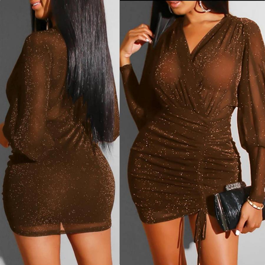 Sexy Mesh Glitter V Neck Dress - LIGHT PURPLE / XXL