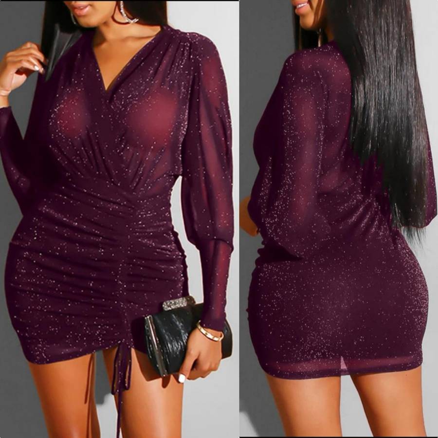 Sexy Mesh Glitter V Neck Dress - LIGHT PURPLE / XXL