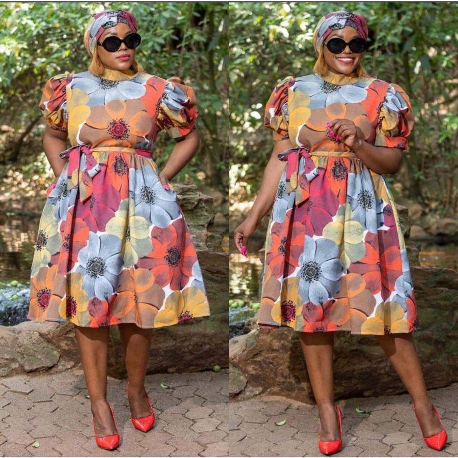 Short Sleeve High Waist Printed Dress