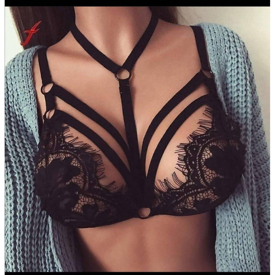 Lace Floral Hollow Bra - BLACK / S