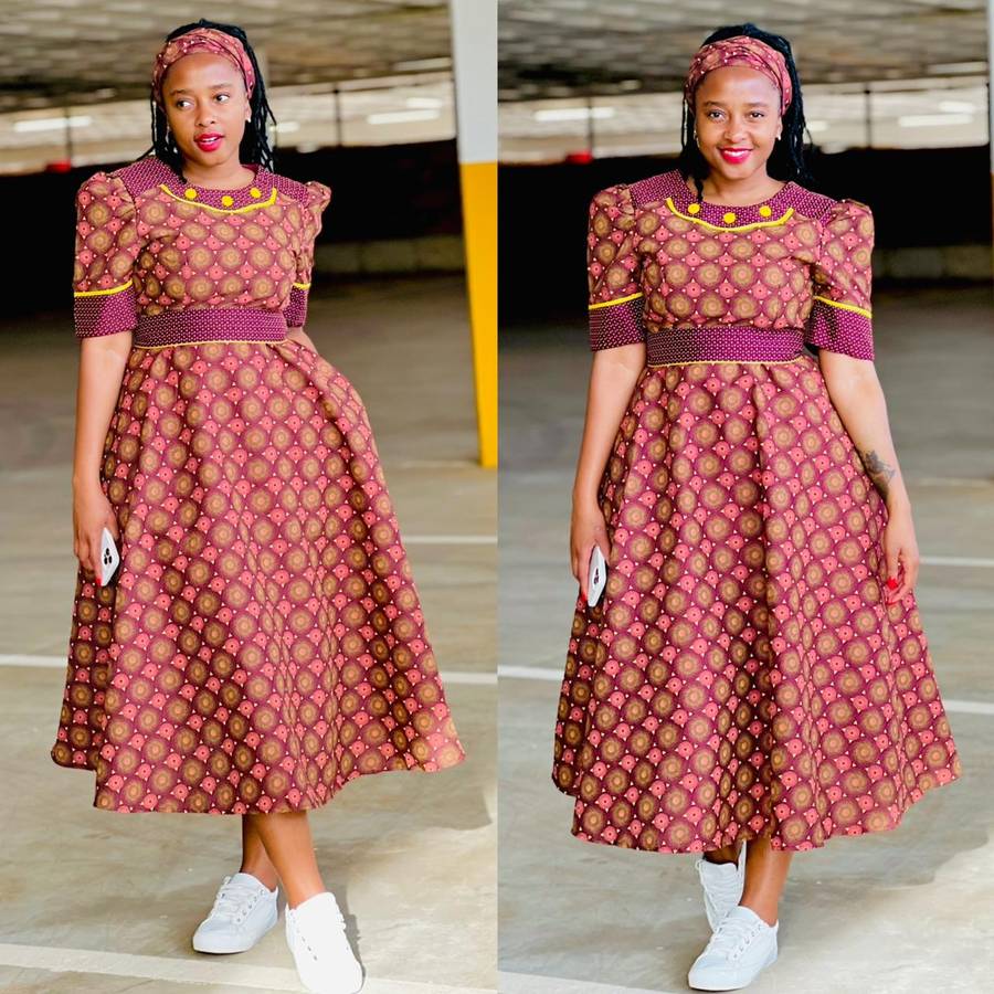 Round Neck Three-quarter Sleeve Ankara Dress - MAROON / 6XL