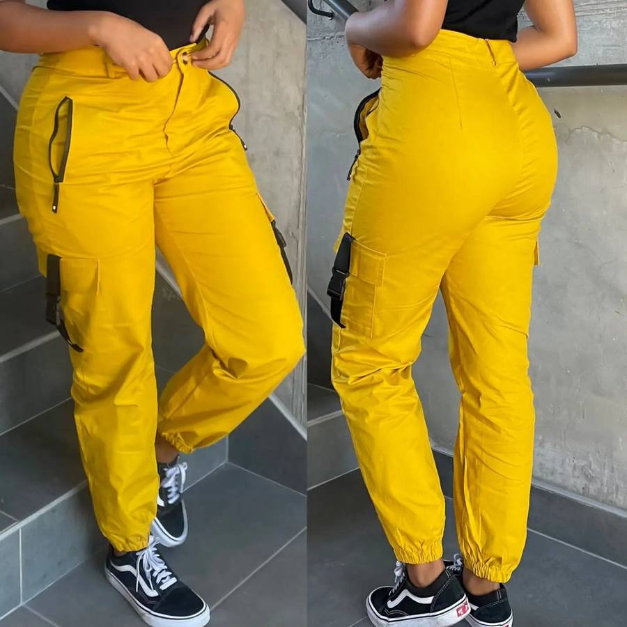 Side Pocket High waist Cargo Pant - YELLOW / 28
