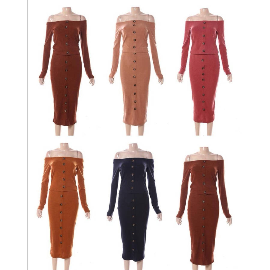 Off Shoulder Button Detail Sweter Set - PINK / S