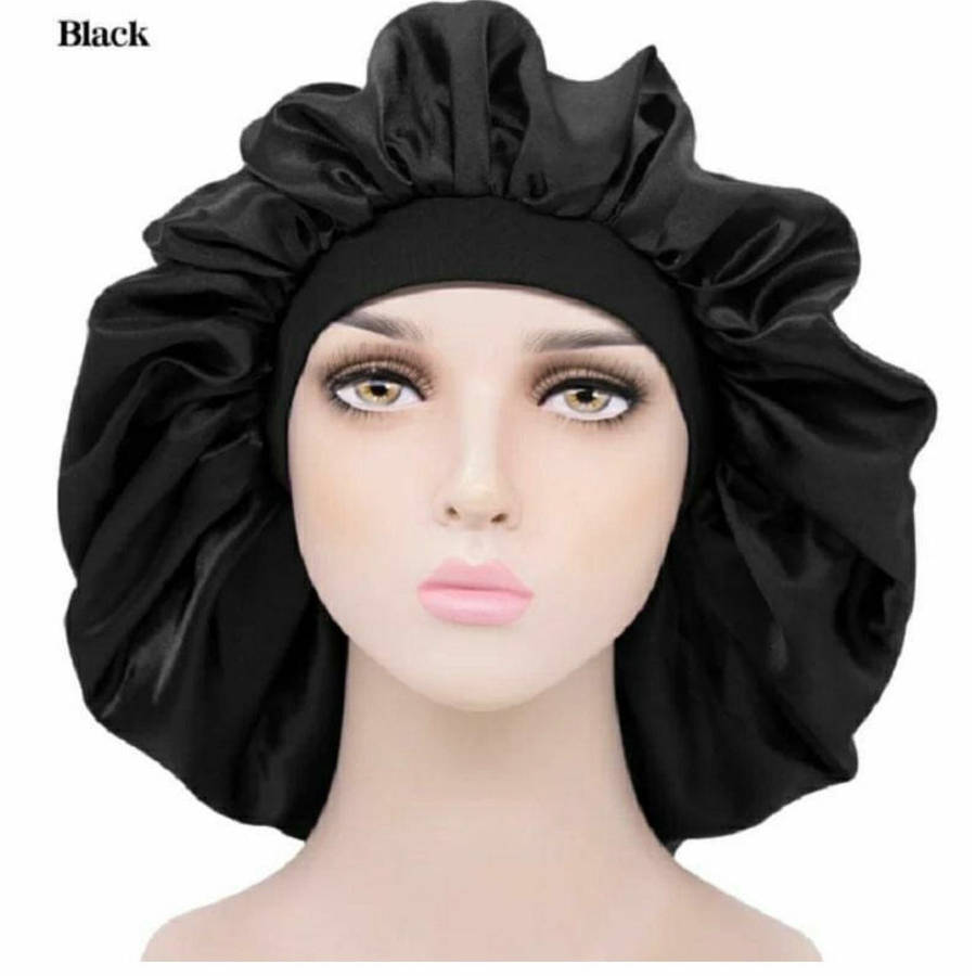 Satin Hair Bonnet Bed Hat Head Cover - BLACK