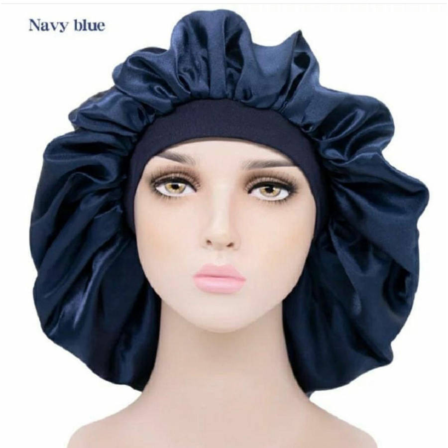 Satin Hair Bonnet Bed Hat Head Cover - BLACK