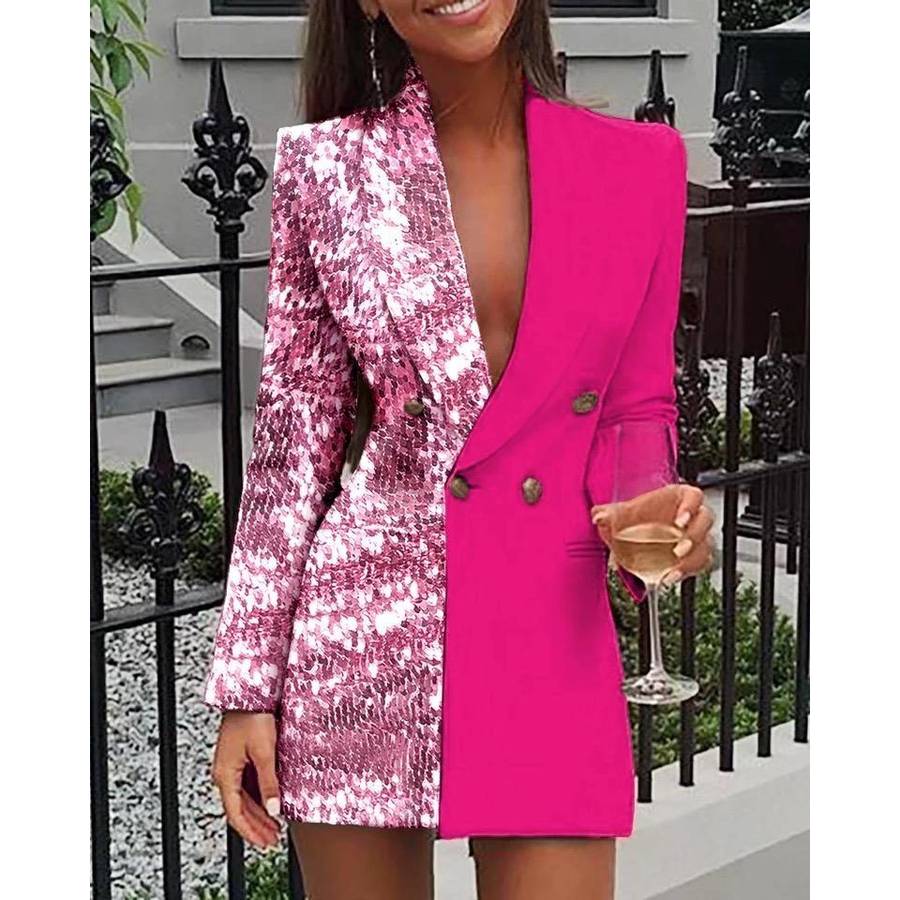 Sequined Patchwork Long Blazer - RED / L